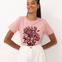 Camiseta de algodão flores flocadas manga curta rosa médio