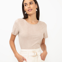 Cropped de suede manga curta nude - cinza claro