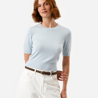 Blusa cropped feminina de tricot manga curta azul