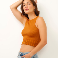 Cropped canelado halter neck alça média marrom