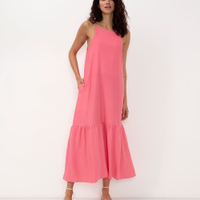 Vestido longo de viscose decote halter neck rosa médio