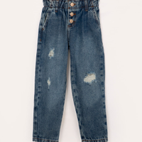 Calça jeans infantil clochard com bolsos azul médio