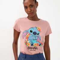 Camiseta de algodão stitch ohana manga curta rosa