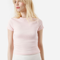 Blusa feminina de algodão canelada manga curta rosa