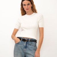 Blusa de tricot canelada manga curta - off white