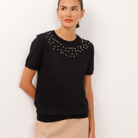 Blusa de tricot manga curta com pérolas preta