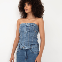 Cropped corset jeans recortes sem alça azul médio