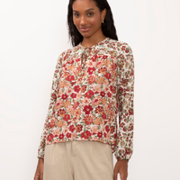 Bata de viscose floral manga longa bege