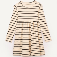 Vestido infantil canelado manga longa listrado bege