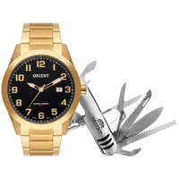 Kit relógio masculino orient analógico calendário mgss1180 km44p2kx dourado