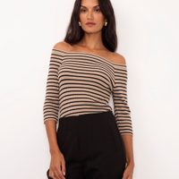 Blusa de tricot listrada ombro a ombro bege