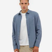 Camisa comfort com linho manga longa azul
