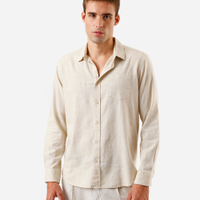 Camisa comfort com linho manga longa bege
