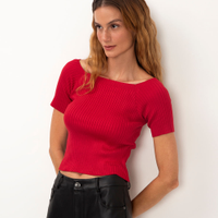 Blusa de tricot cropped canelada ombro a ombro vermelho