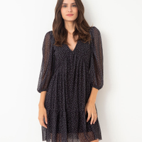 Vestido curto de tule poá manga bufante preto