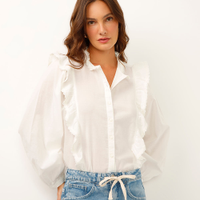Camisa com babados e bordado manga bufante off white