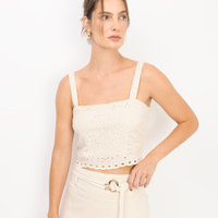 Cropped feminino com linho floral bege