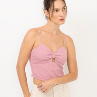Cropped feminino decote coração com linho rosa
