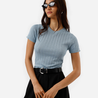 Blusa feminina de tricot canelada com lurex azul