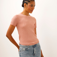 Blusa de tricot canelada com lurex rosa