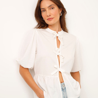 Camisa bata de viscose manga bufante com amarração off white