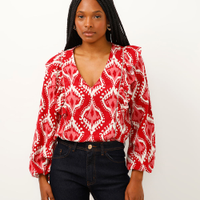 Blusa bata manga bufante com babados arabesco vermelha