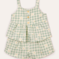 Conjunto curto infantil xadrez floral texturizado verde