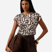 Blusa feminina de viscose manga curta geométrica bege