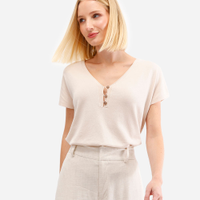 Blusa feminina de tricot decote v bege