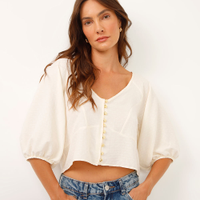 Cropped texturizado decote v manga bufante off white