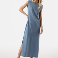 Vestido longo feminino de algodão com fendas azul