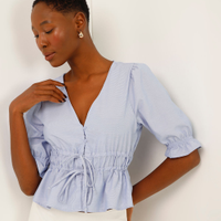 Blusa com laços manga bufante listrada azul