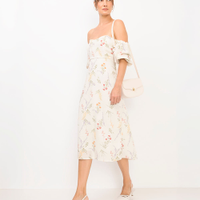 Vestido midi feminino manga bufante floral off white