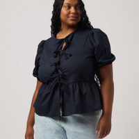 Blusa manga bufante com amarração plus size azul