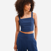Cropped feminino decote quadrado texturizado azul
