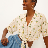 Cropped de viscose com amarração folhagens amarelo