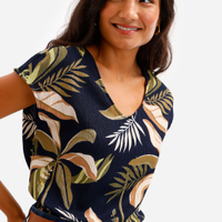 Blusa feminina folhagens texturizada azul