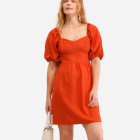 Vestido curto com linho manga bufante laranja
