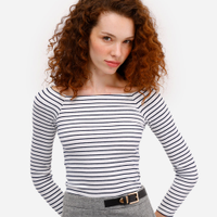 Blusa ombro a ombro feminina canelada listrada off white