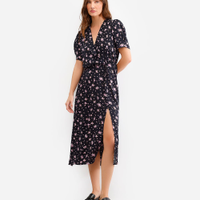 Vestido midi feminino de viscose floral com fenda preto