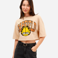 Cropped feminino de algodão garfield manga curta bege