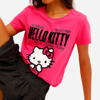 Camiseta feminina de algodão hello kitty texturizada rosa