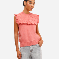 Colete feminino de tricot com babados floral rosa