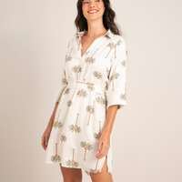 Vestido chemise curto de viscose estampado coqueiros manga 3/4 off white