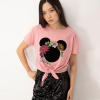 Camiseta de algodão Minnie manga curta com nó rosa claro