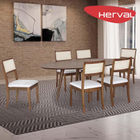 Mesa de Jantar 6 Cadeiras Herval Coimbra, Off White/Amêndoa, 190x110 cm