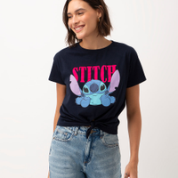 Camiseta de algodão stitch manga curta azul marinho