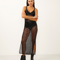 Vestido midi alça fina decote v com paête preto