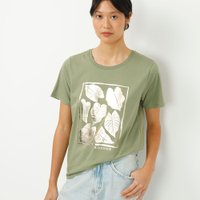 Camiseta de algodão manga curta folhagem metalizada verde