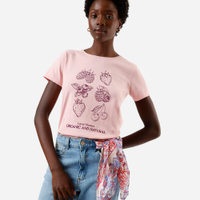 Camiseta feminina de algodão estampada rosa
